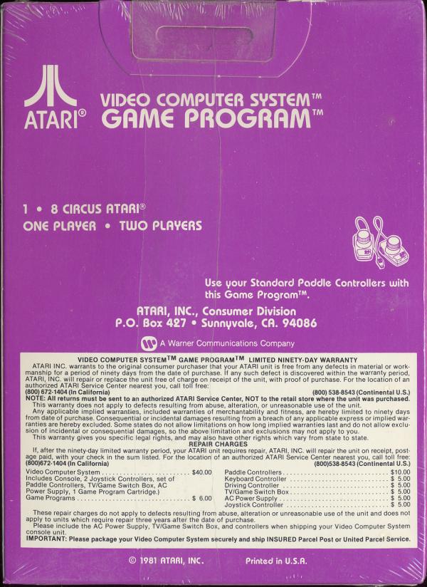 Circus Atari - Box Back